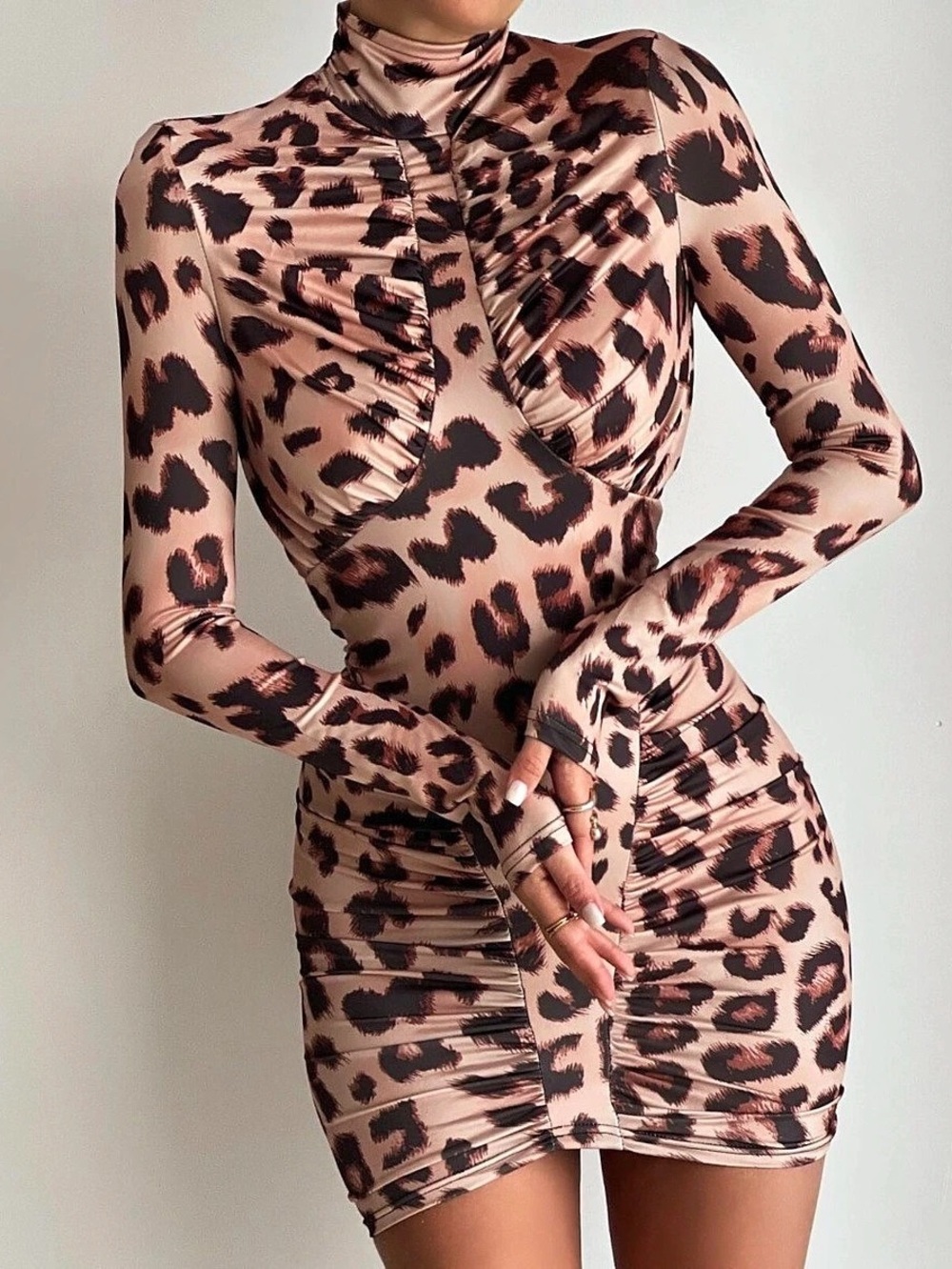 Long Sleeve Open Back Mini Bodycon Dress In Brown Leopard Print Slinky Brown